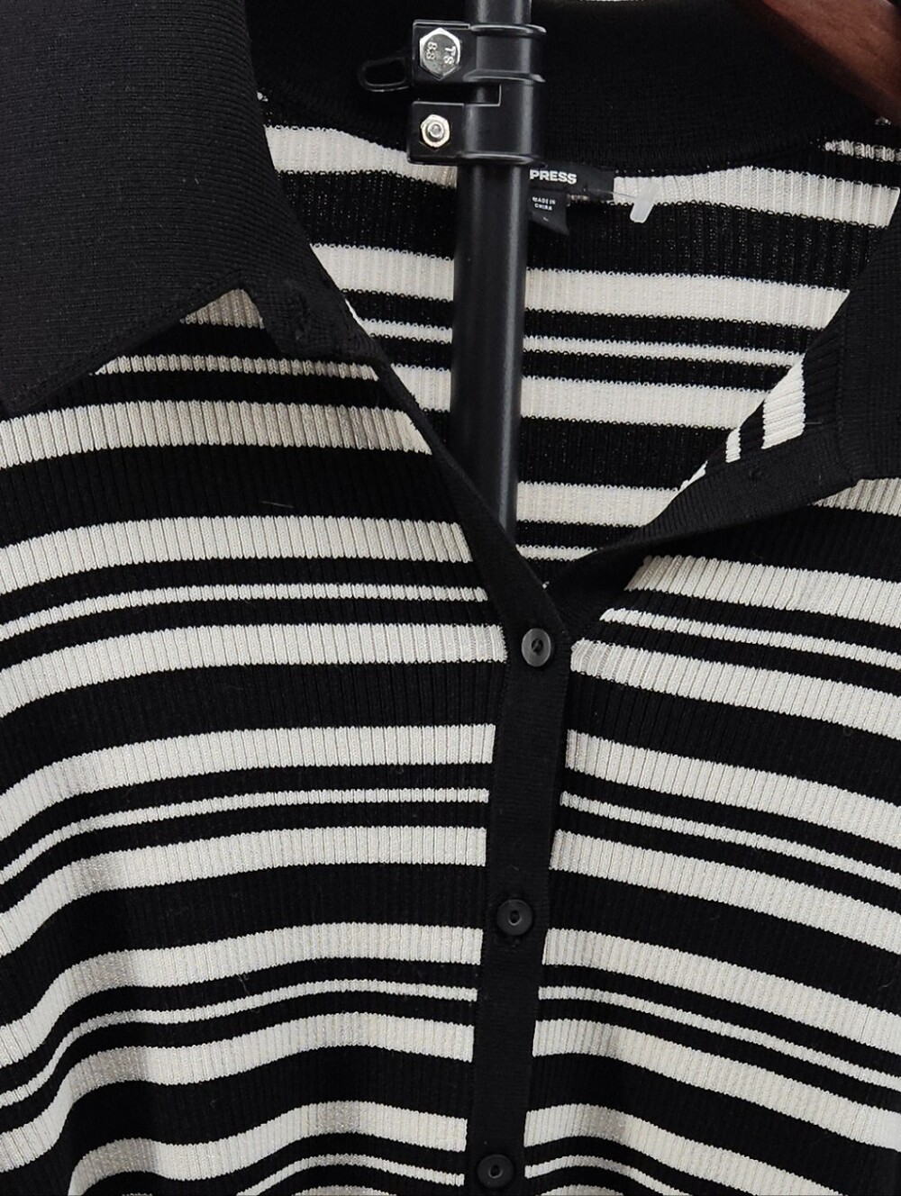 Express Black & White Striped Button-Up Knit Cardigan - Picture 3 of 12